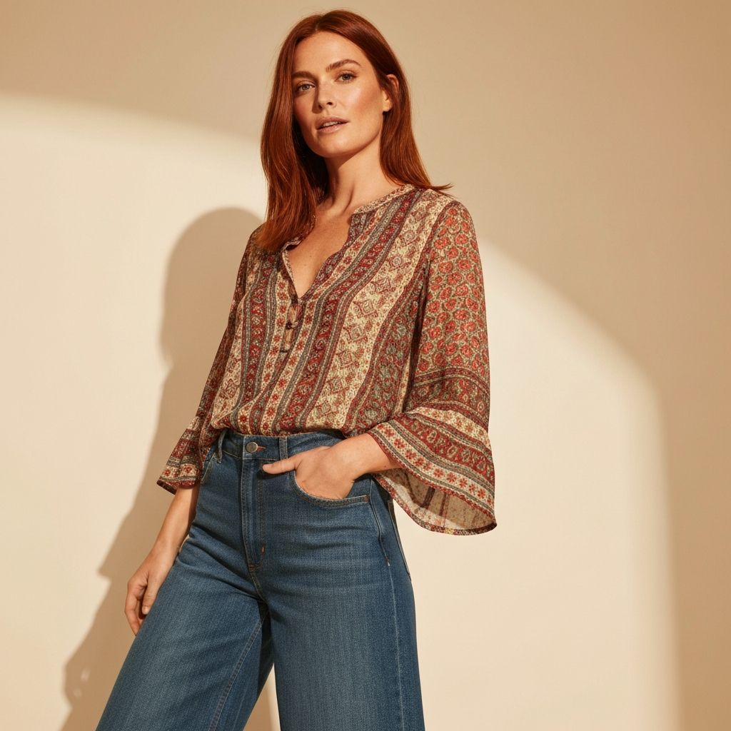 Low-rise wide leg jeans styled with bohemian top